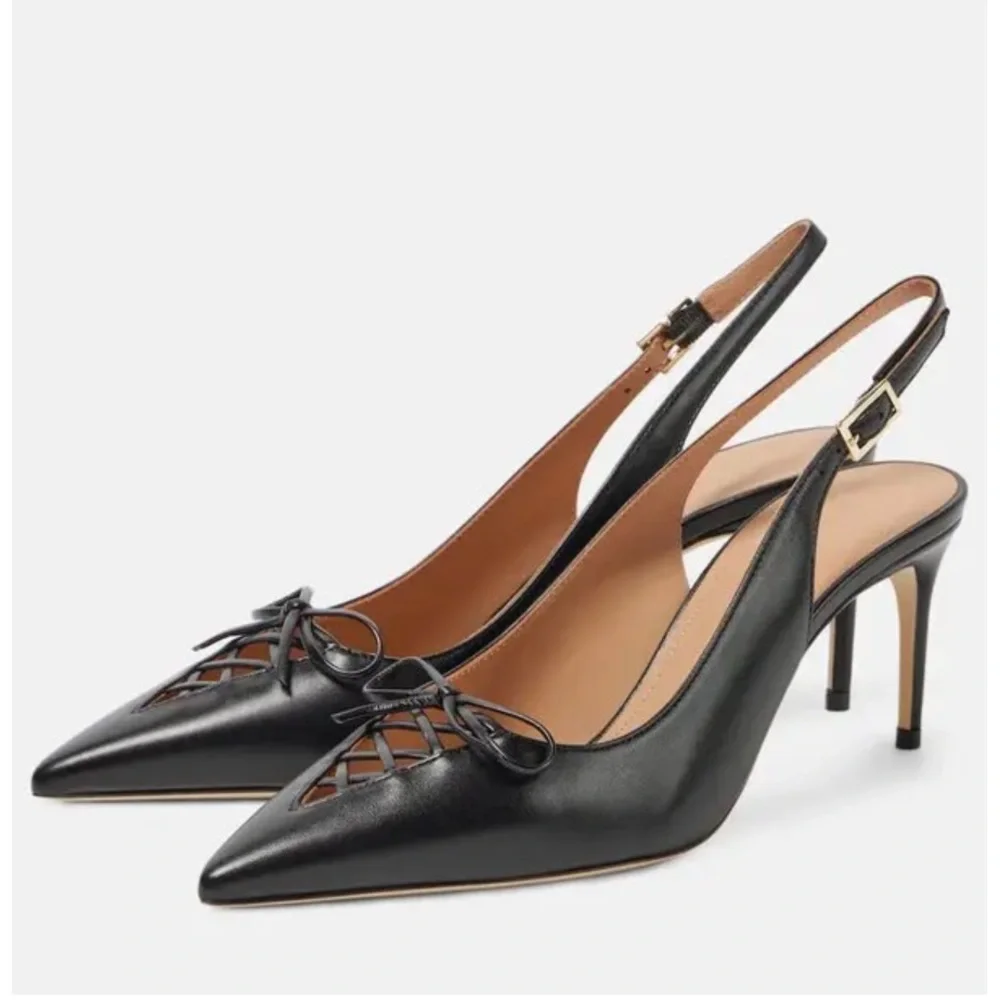 Malone Souliers Trudie Slingback Pumps Black Nappa Laced Pointed Toe EU 38 NWT
